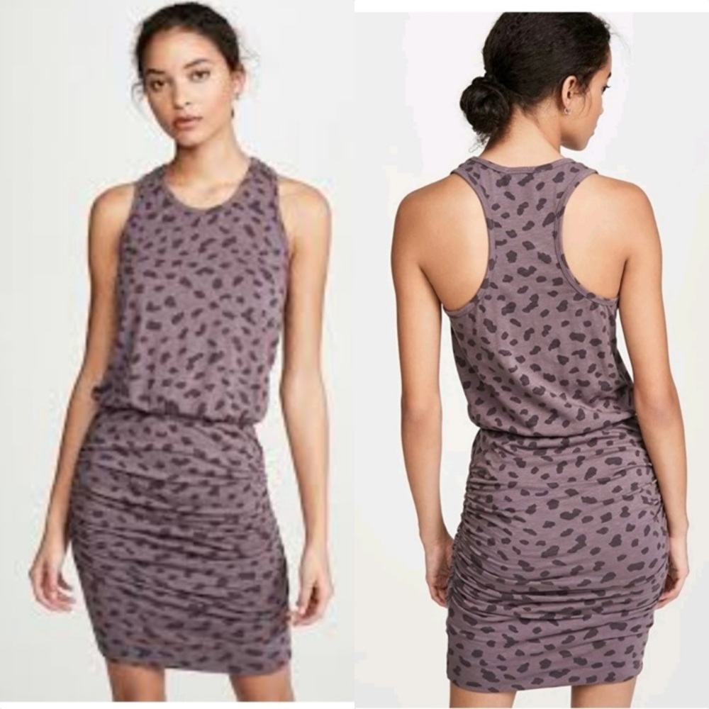 Sundry Ruched Knit Sleeveless Racerback Animal Print Blouson Mini Dress
